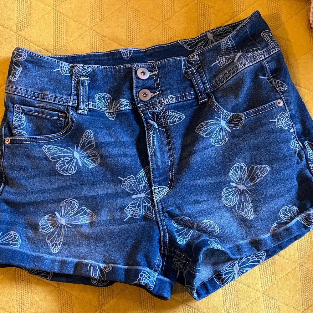 No Boundaries Blue Jean Shorts with Butterfly Print